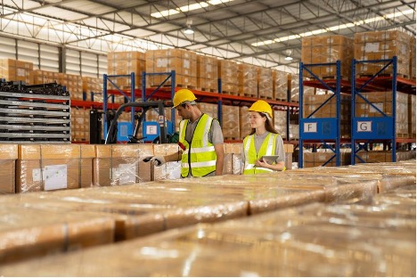 A male and female warehouse worker, both wearing yellow hard hats and high-visibility vests, are conducting a racking inspection. The male worker scans a barcode on a pallet of boxes while the female worker takes notes on a tablet. Tall metal racks filled with inventory are visible in the background, which is the focus of a blog about a racking inspection checklist.