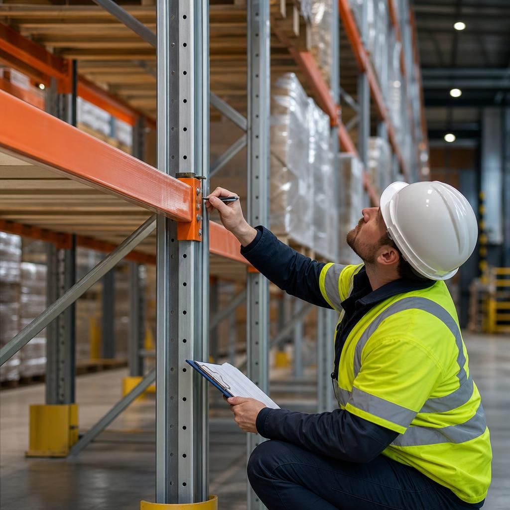 Technician performing preventative maintenance on warehouse racking