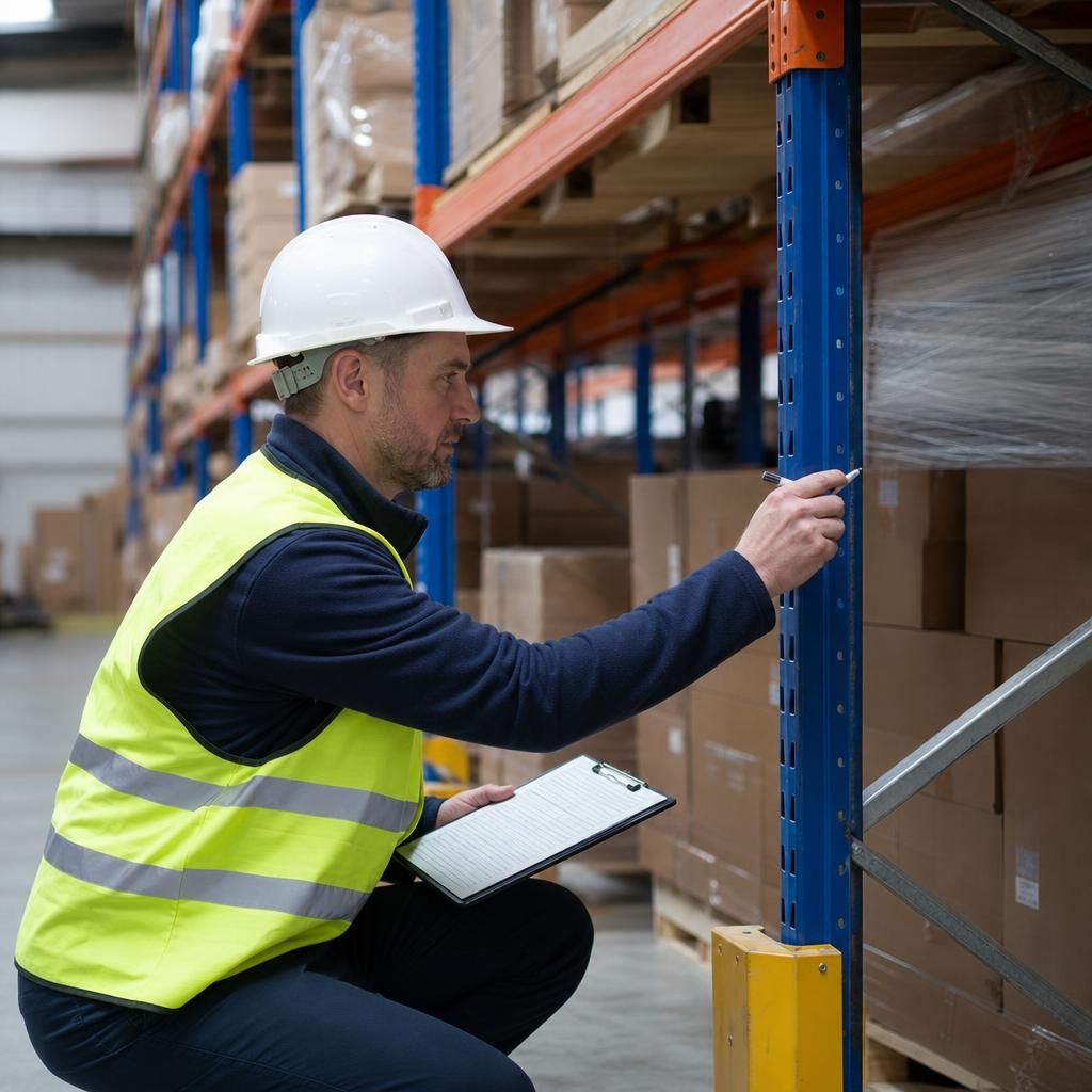 Inspector checking warehouse racking for compliance