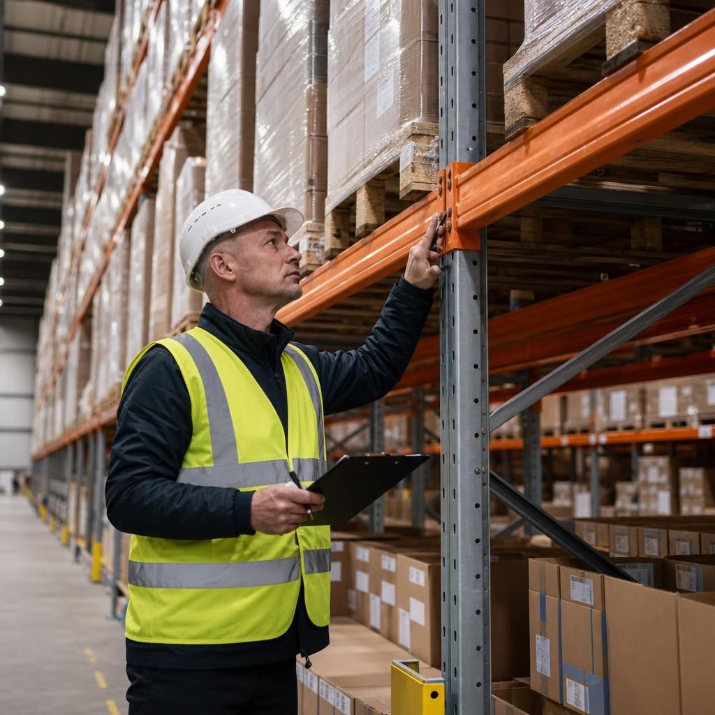 Warehouse safety inspector examining racking