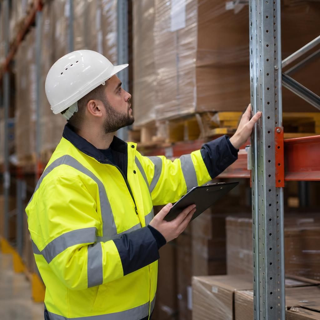 Technician performing maintenance on warehouse racking