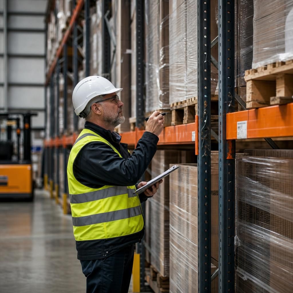 Inspector identifying damage on a warehouse racking unit