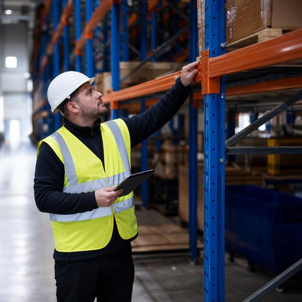 Inspector examining pallet racking beams