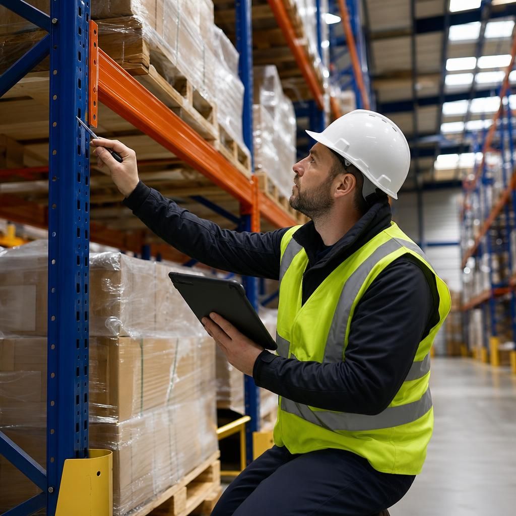 Inspector using a tool to check racking braces
