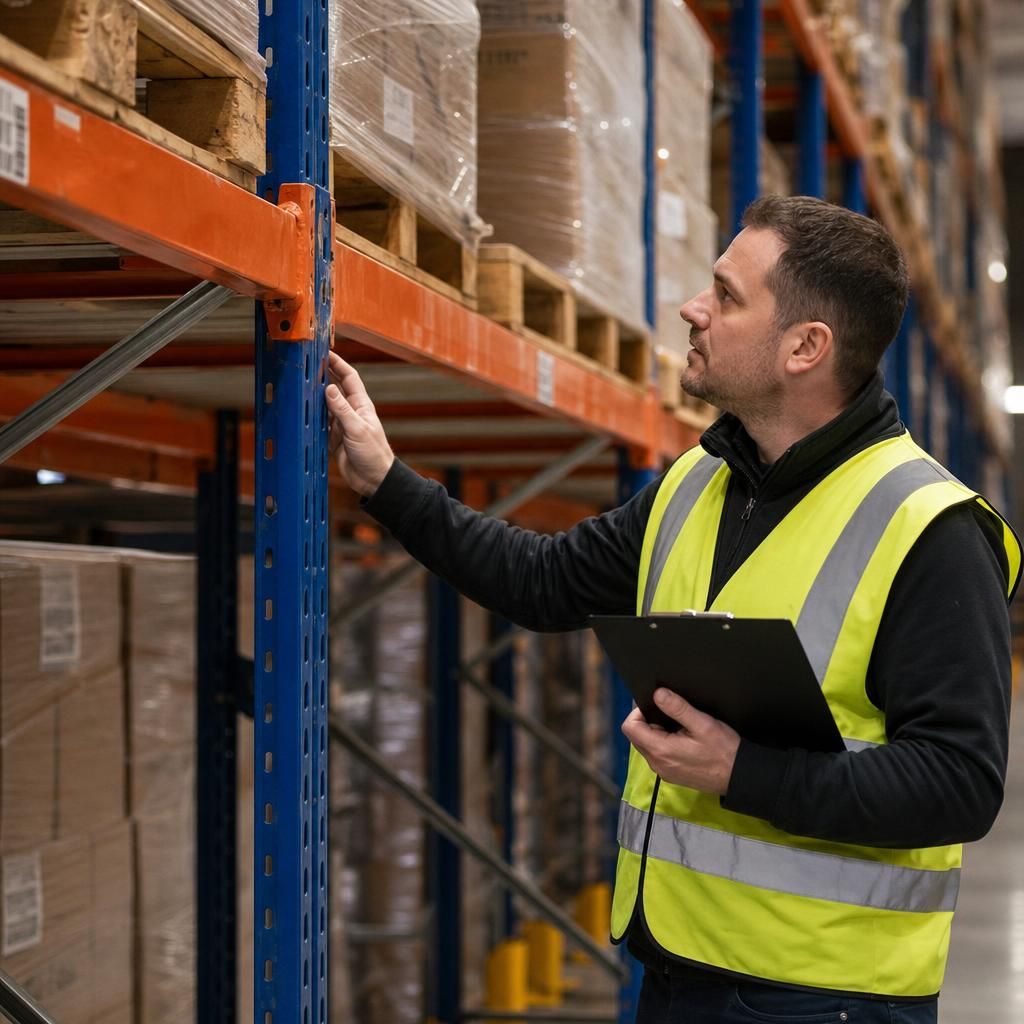 Warehouse racking with safety labels