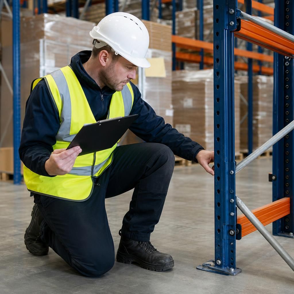 Inspector measuring deflection on a racking beam