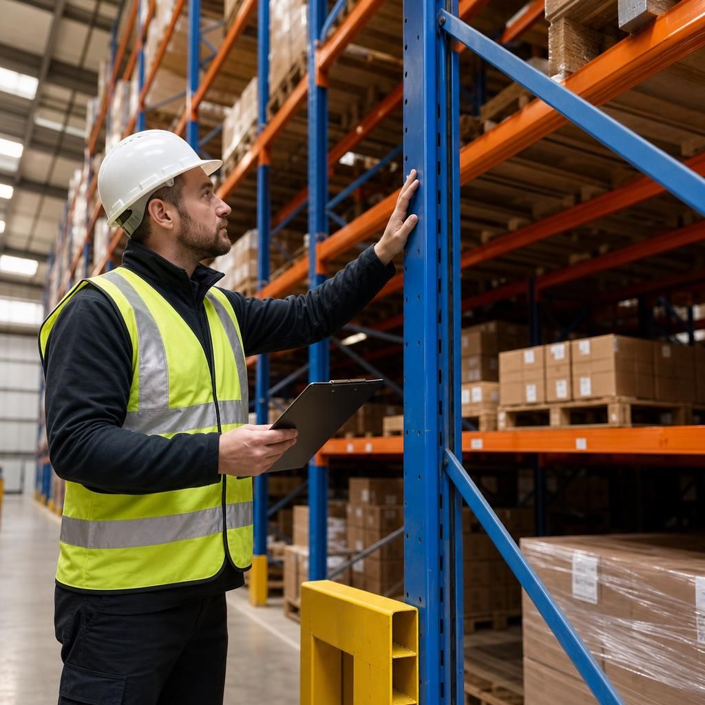 Warehouse racking with inspector examining safety