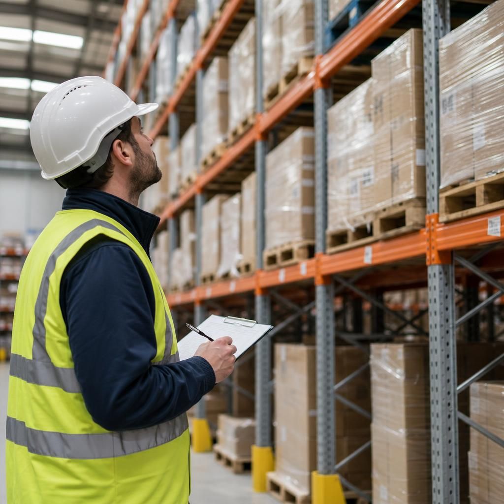 Technician conducting a safety audit in a warehouse