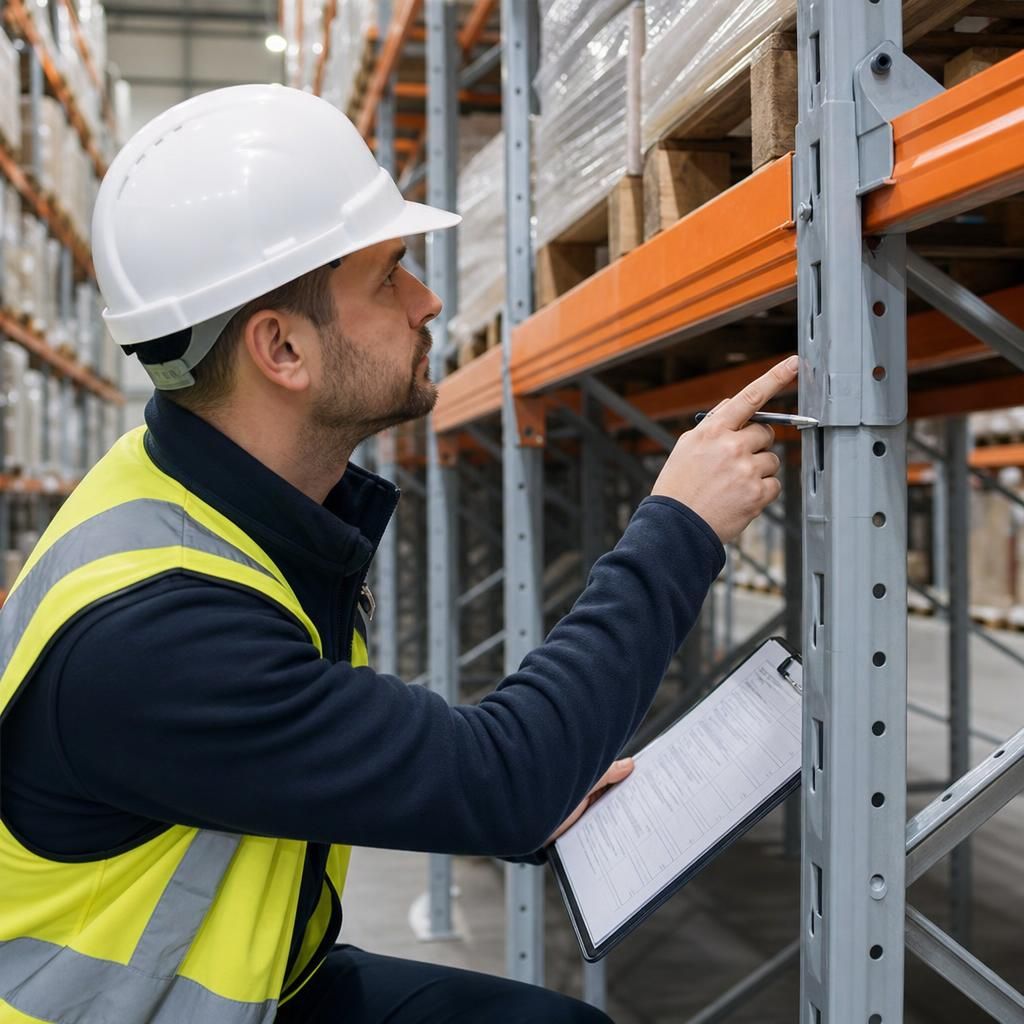 Inspector examining a pallet racking system
