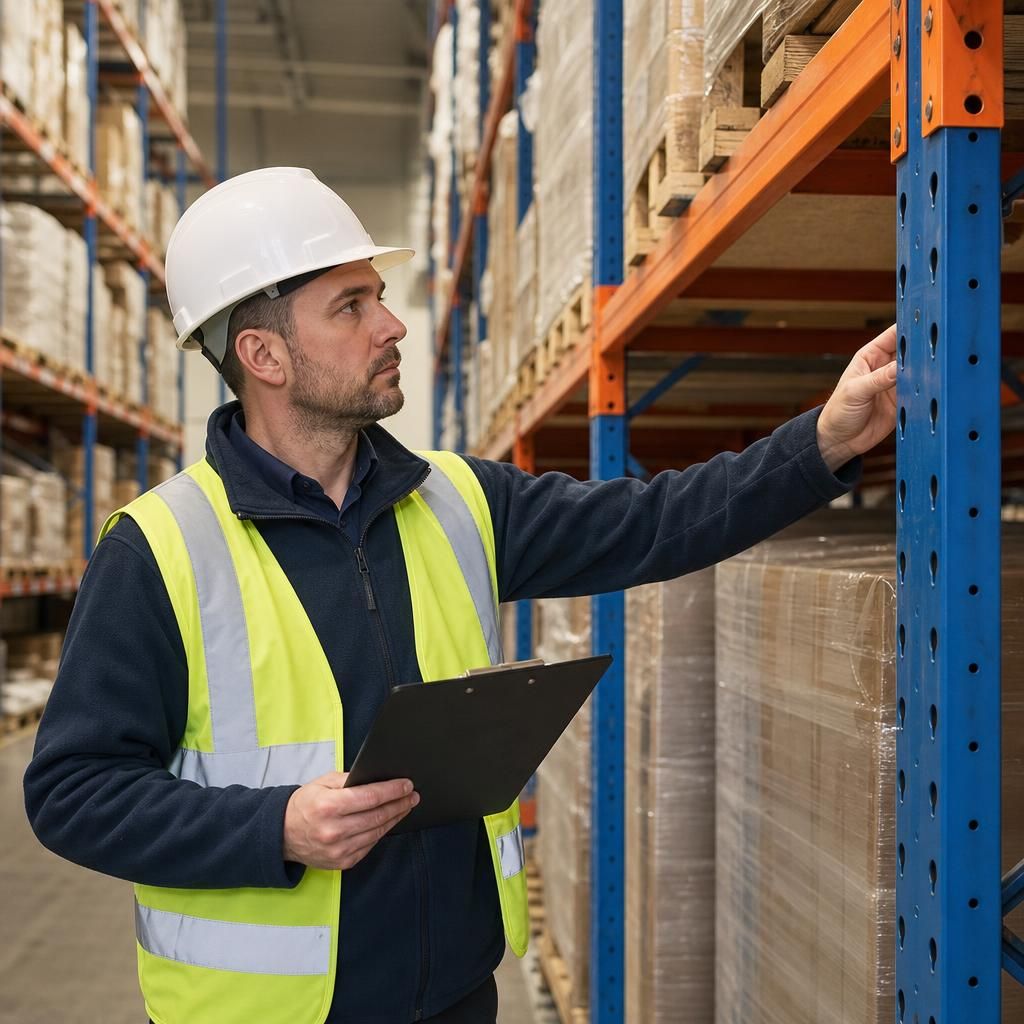 Safety professional checking racking components