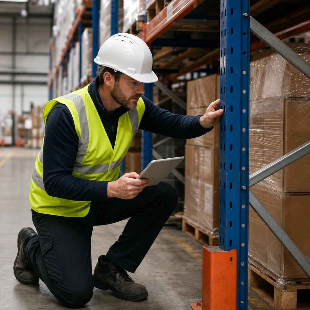 Inspector assessing racking for damage