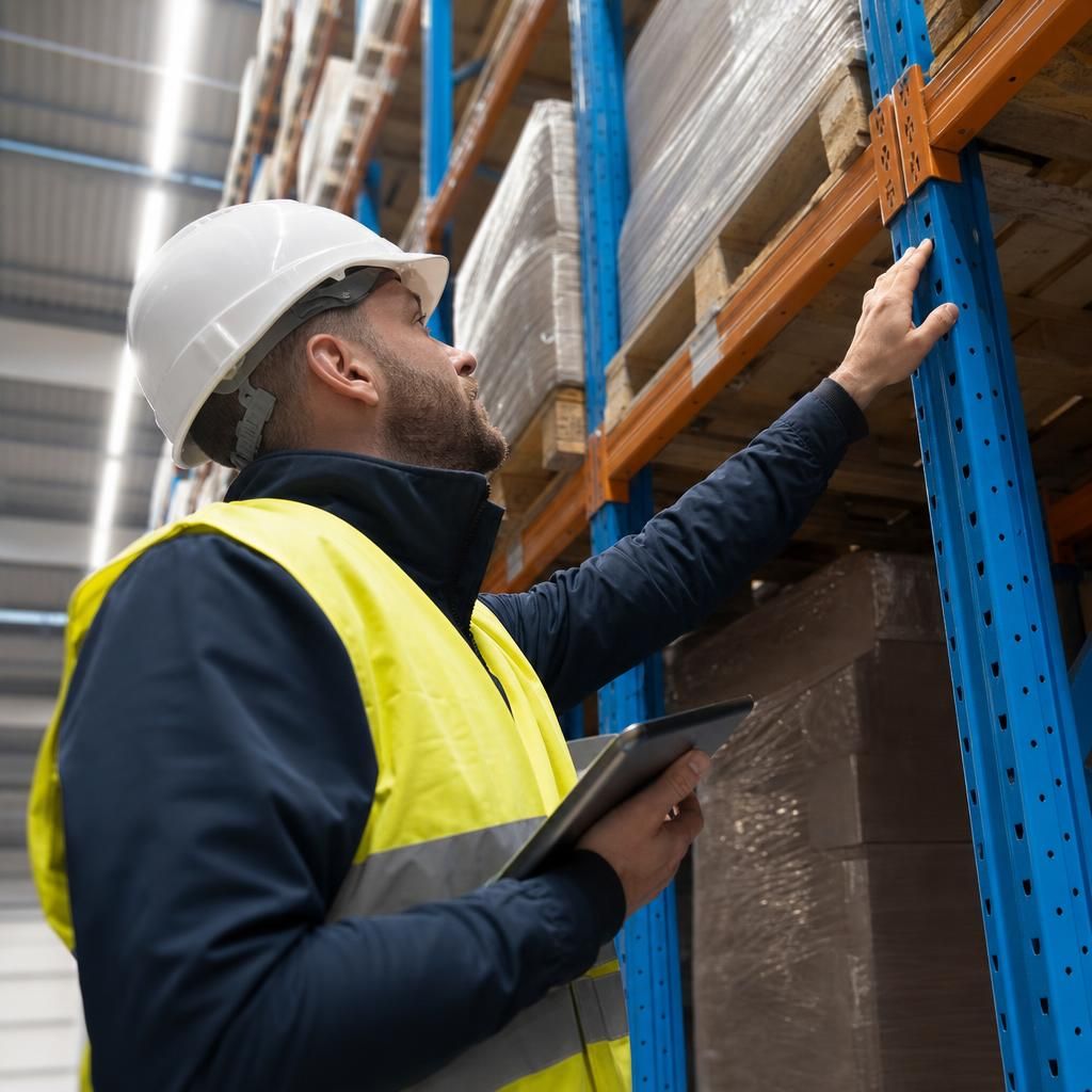 Technician inspecting warehouse racking