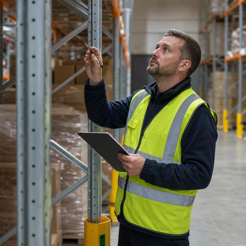 Technician conducting warehouse racking inspection