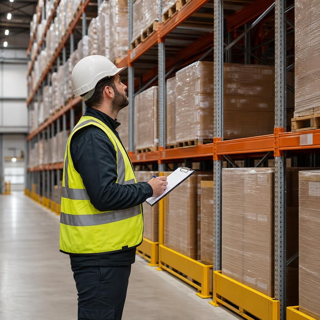 Worker inspecting racking systems with checklist