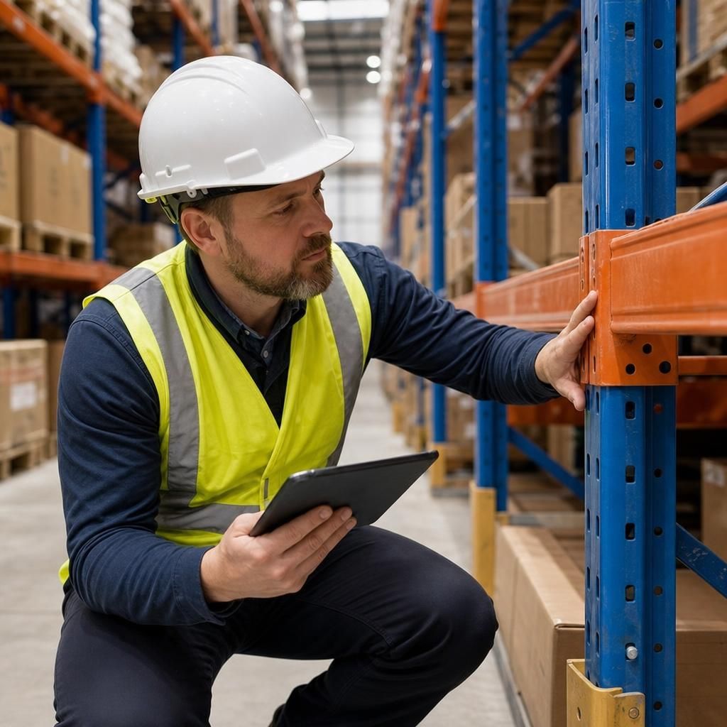 Technician conducting a thorough warehouse racking inspection