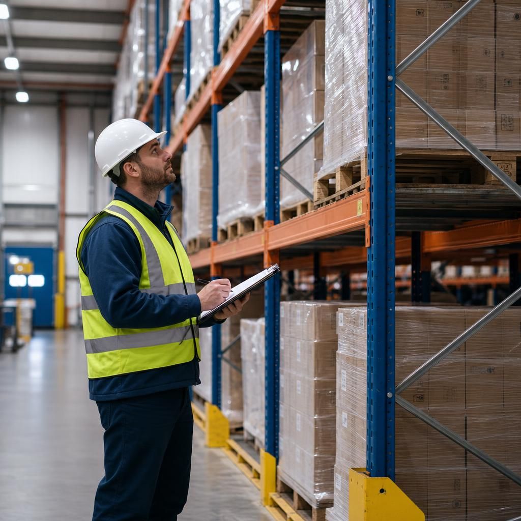 Warehouse racking being inspected for damage