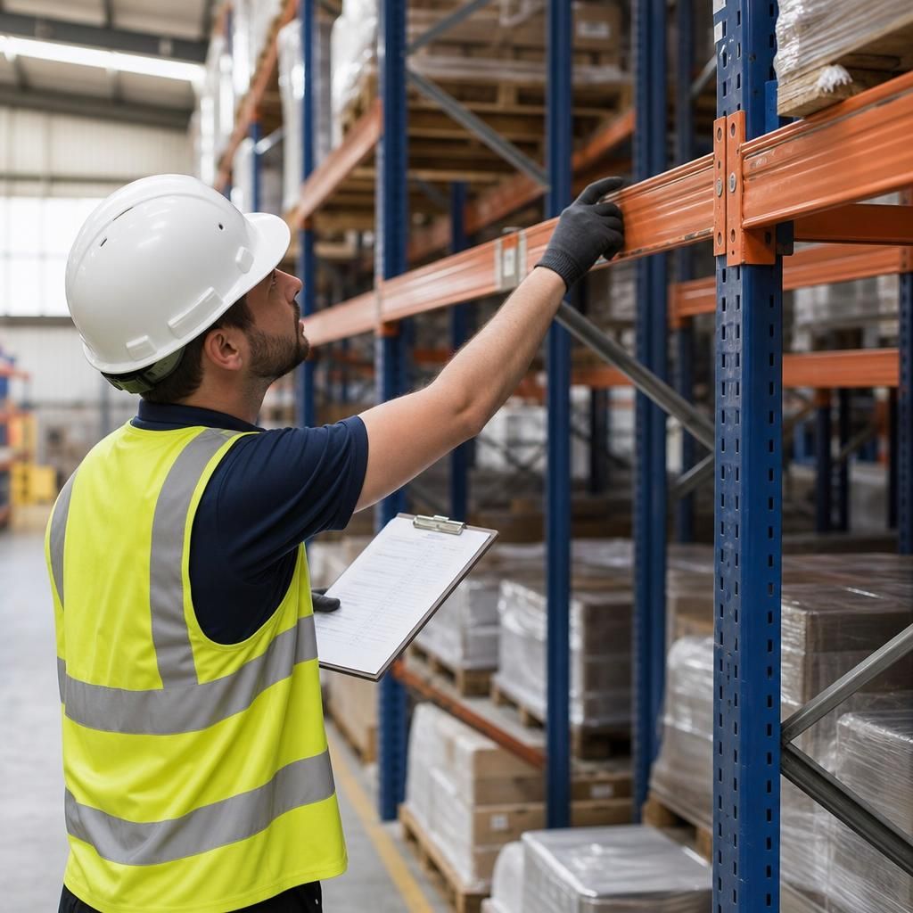 Inspector conducting a safety audit on warehouse racking cross beams