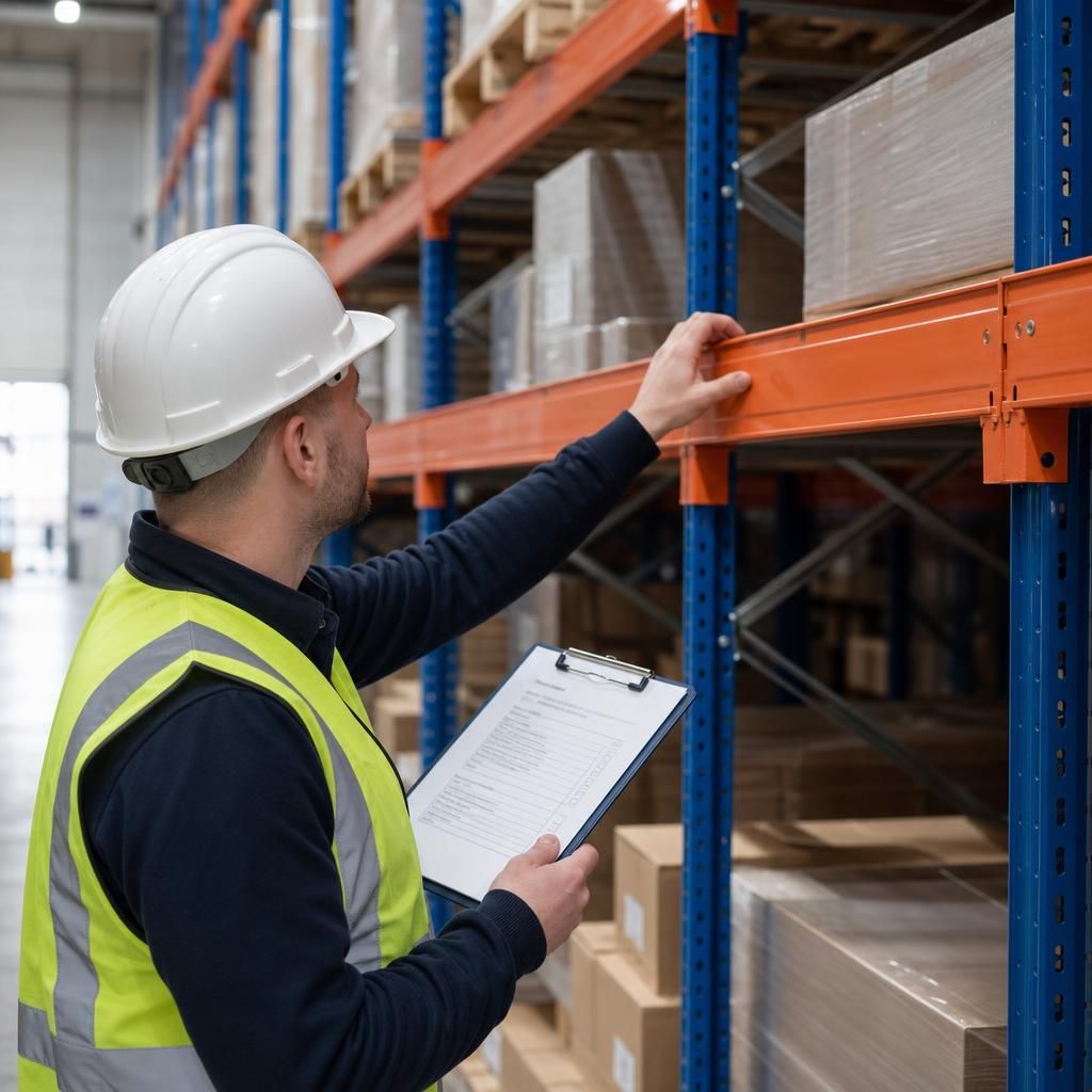 Close-up of a technician inspecting the alignment of racking cross beams