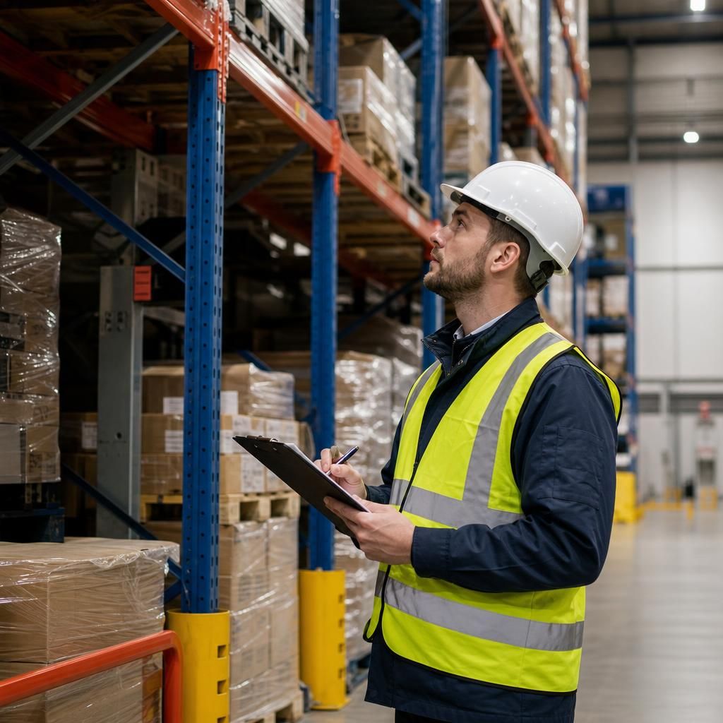 Warehouse racking being inspected by a professional