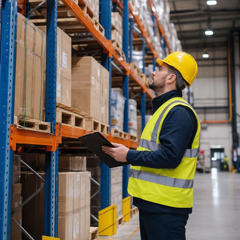 Technician performing maintenance on warehouse racking