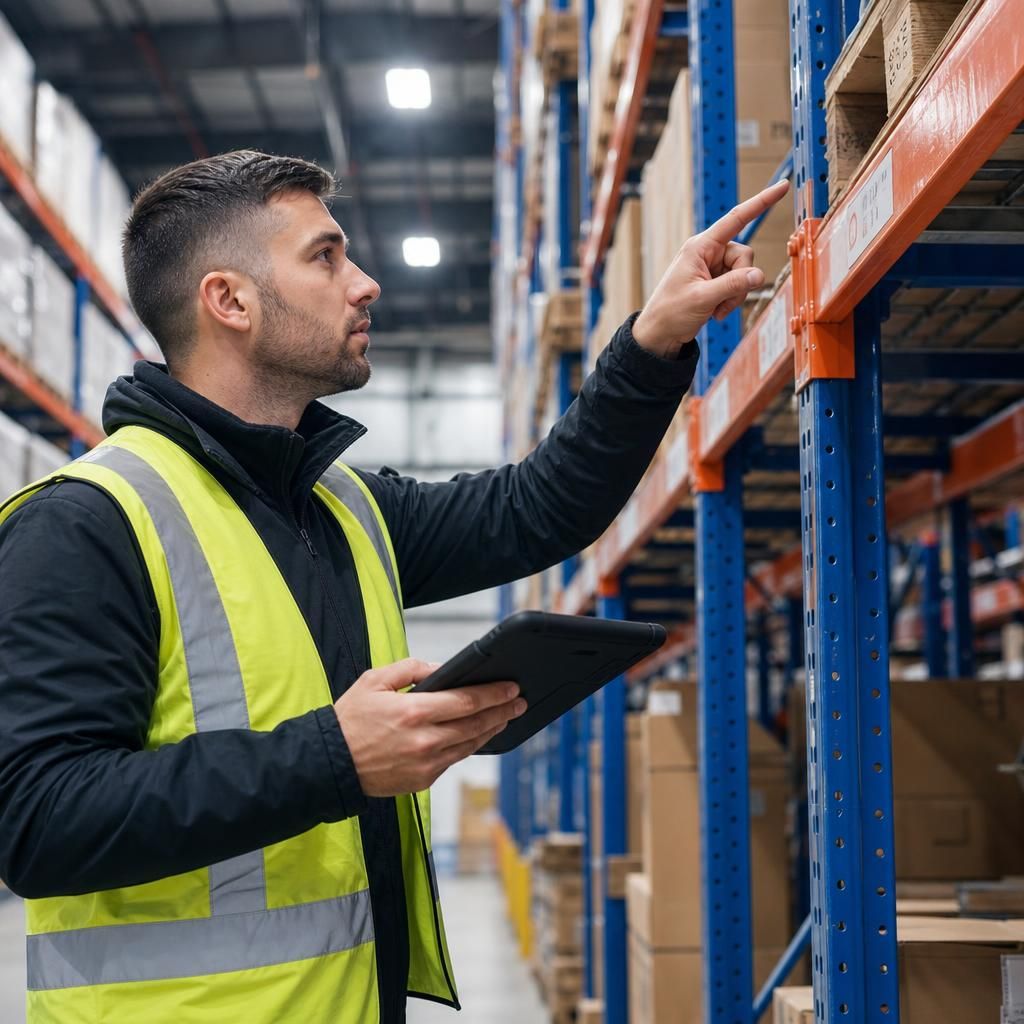 Warehouse worker inspecting racking system