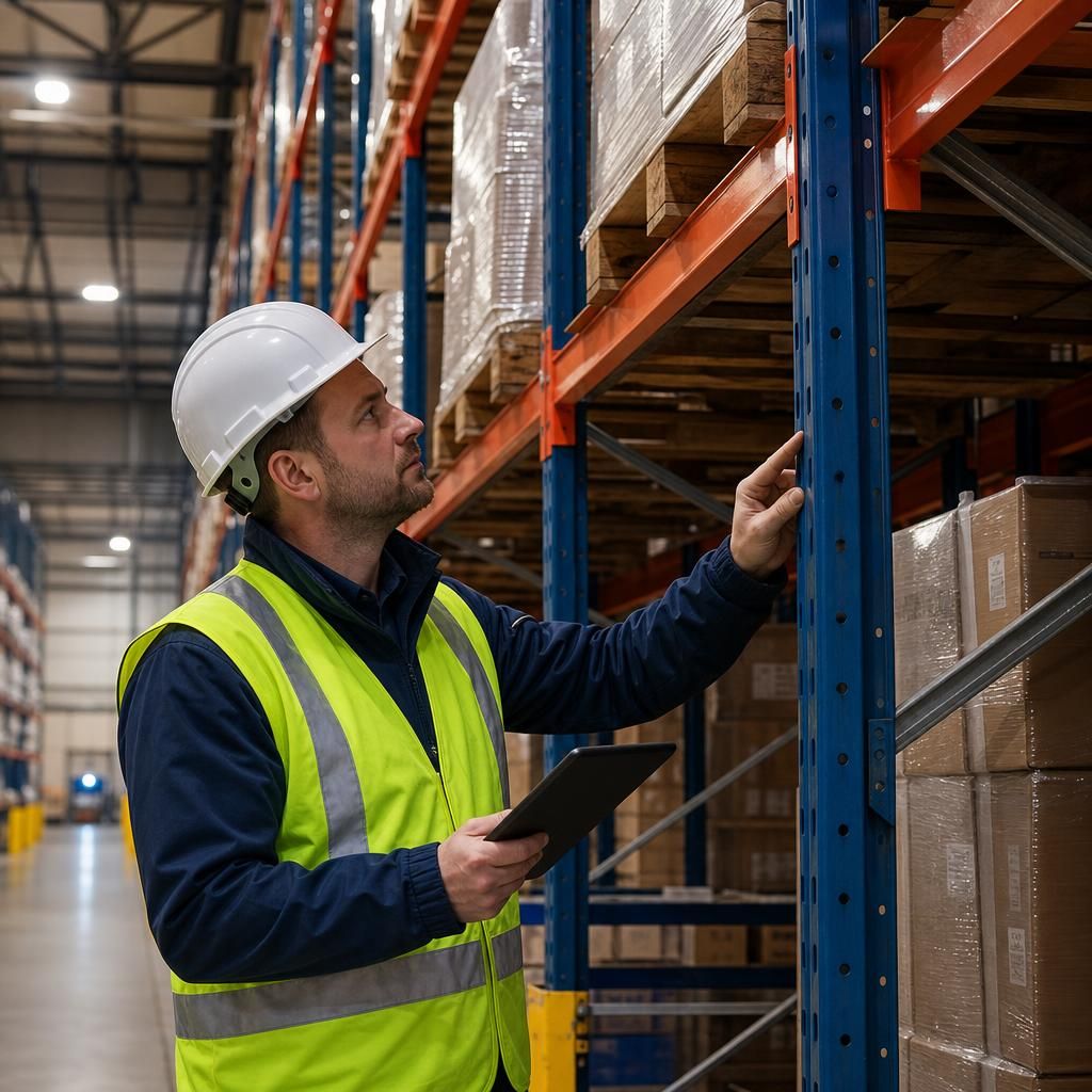 Professional warehouse racking inspector examining storage systems