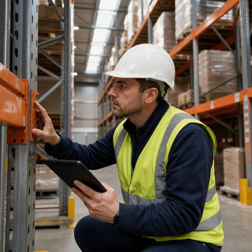 Warehouse worker using safety helmet and vest