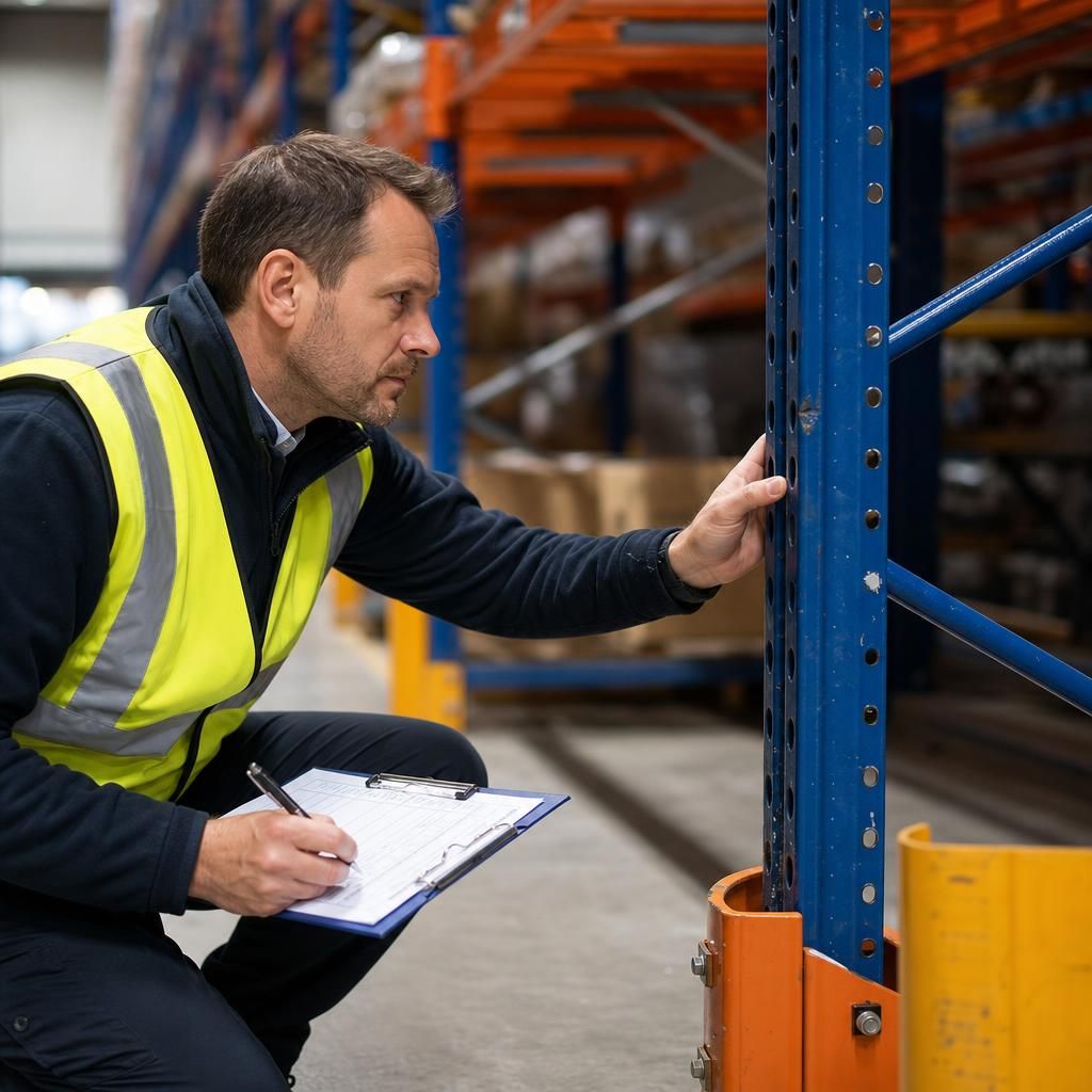 Inspector examining a racking beam
