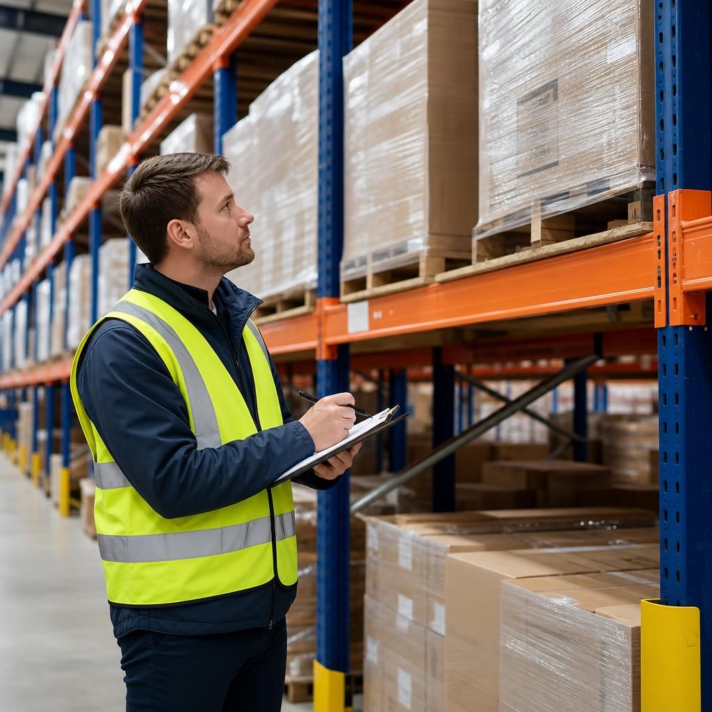 Inspector using a checklist for racking maintenance
