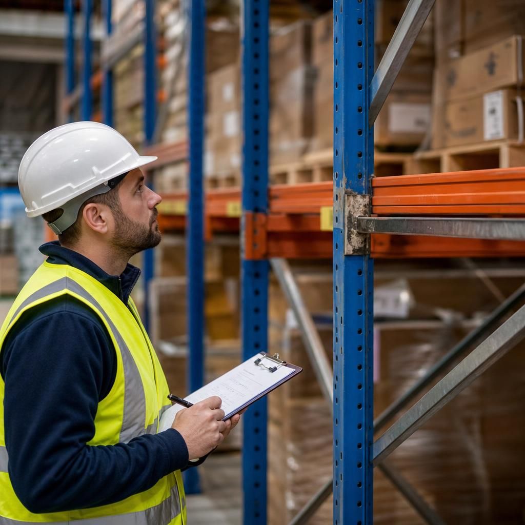 Inspector reviewing compliance on racking systems