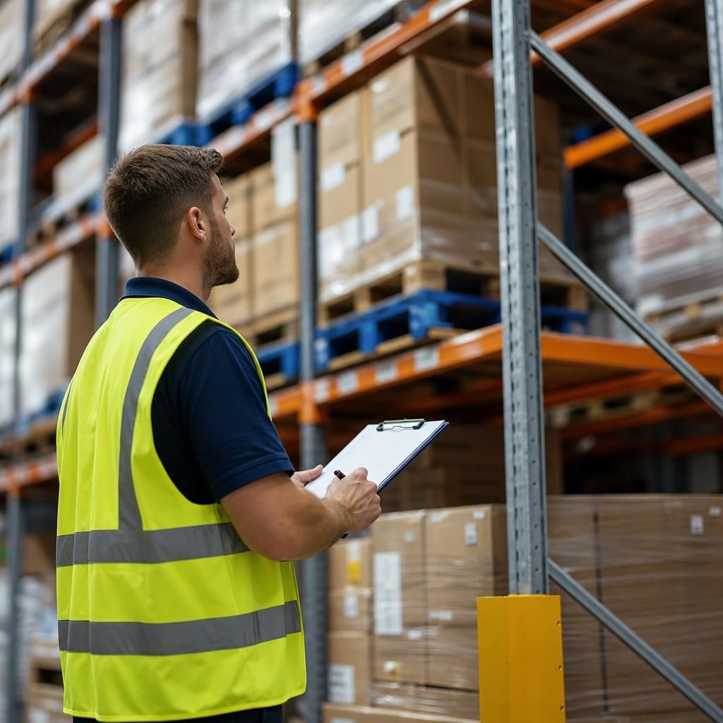 Warehouse manager assessing racking risks