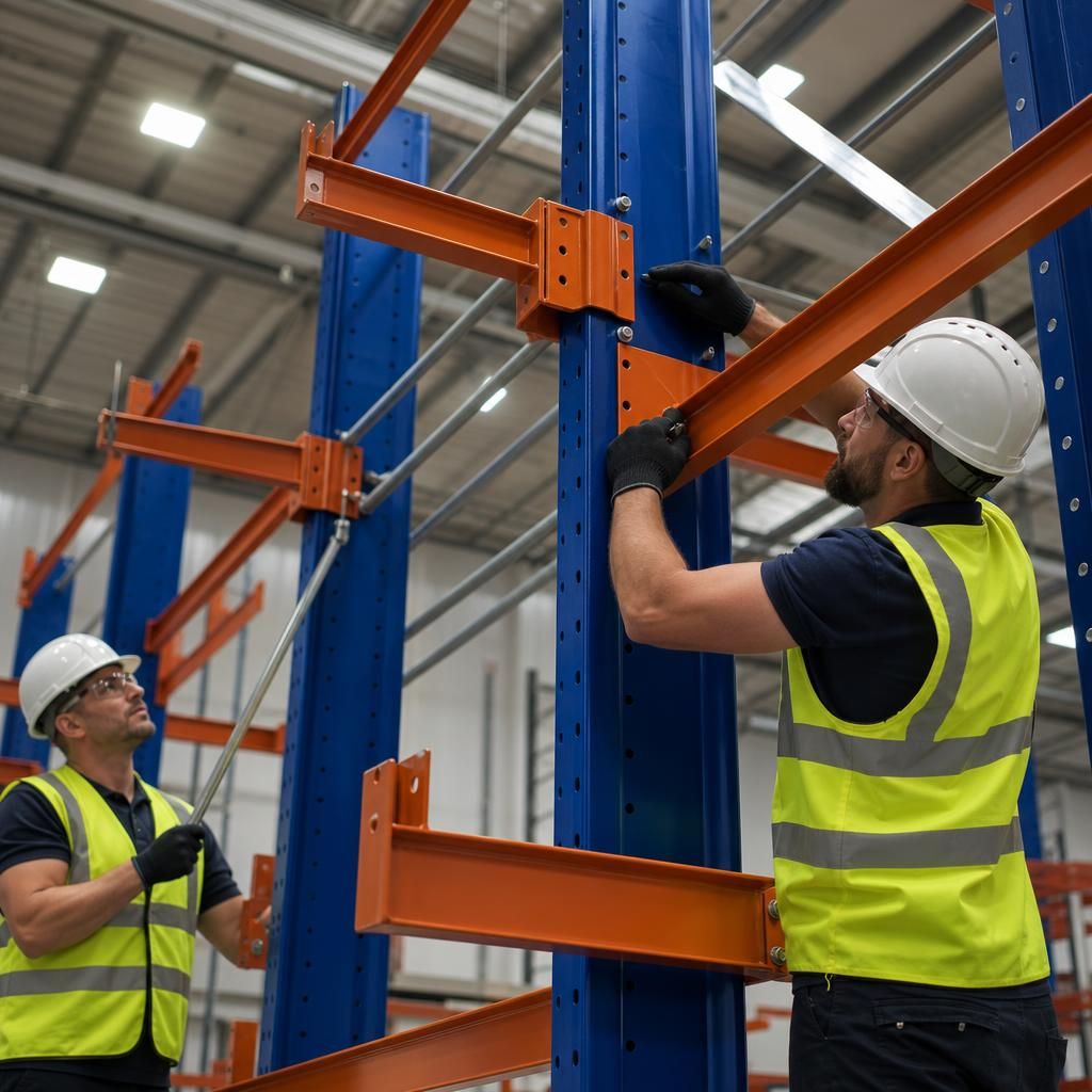 Technician assembling a cantilever rack