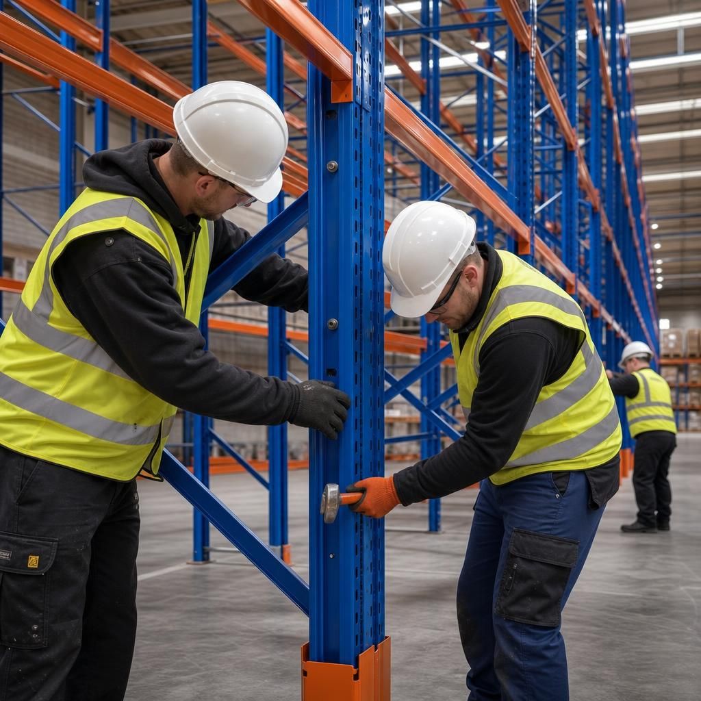 Technicians installing warehouse racking