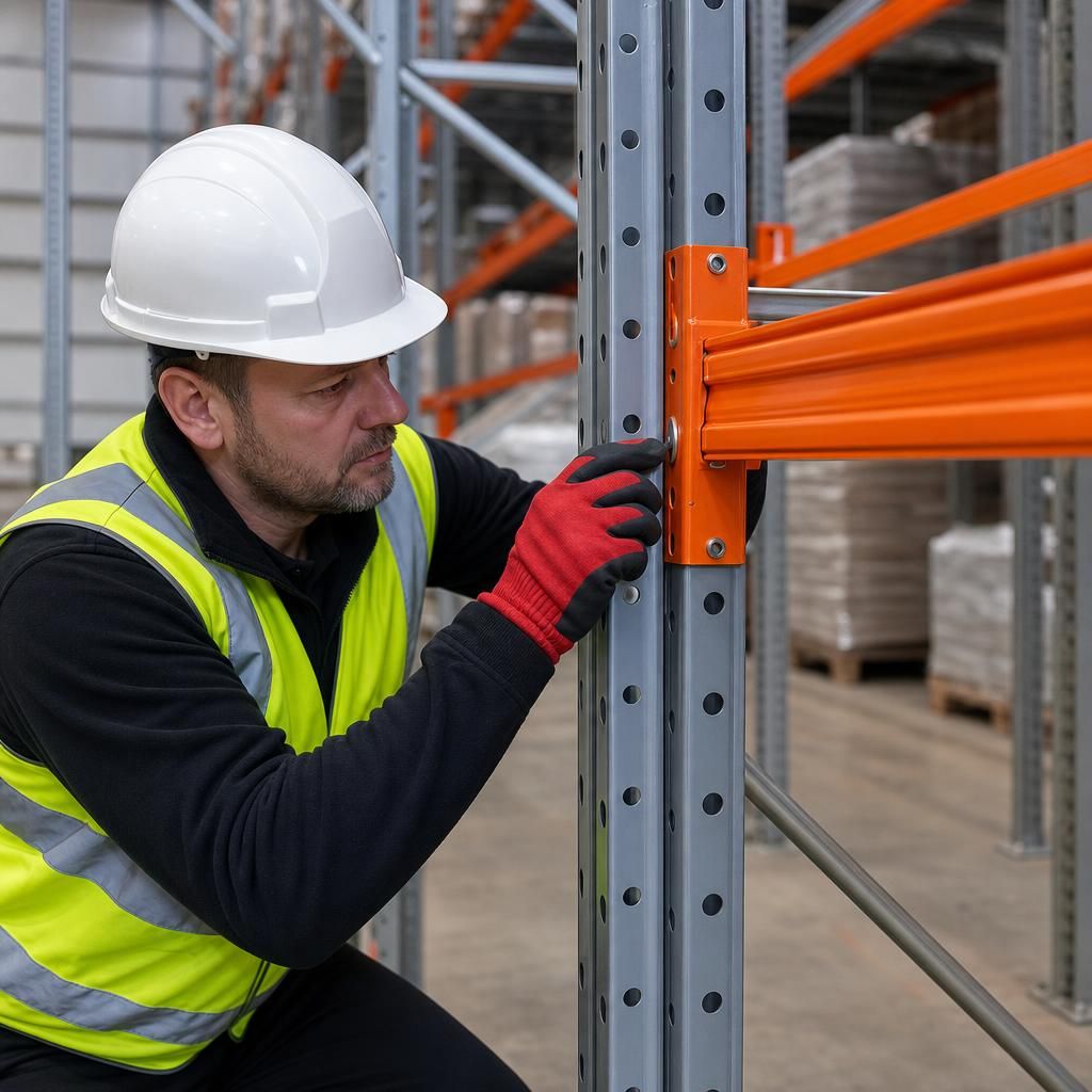 Technician repairing damaged warehouse racking