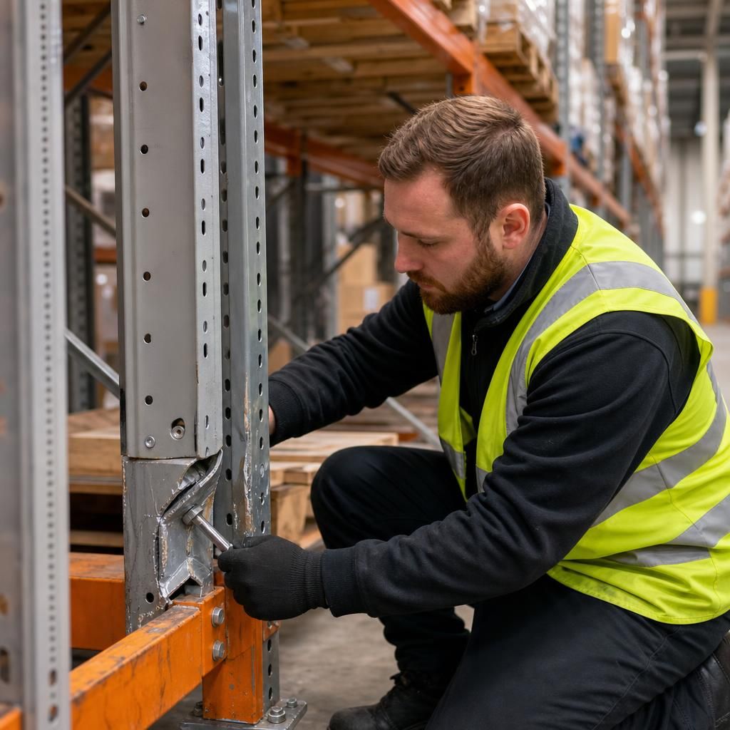 Worker tightening bolts on warehouse racking
