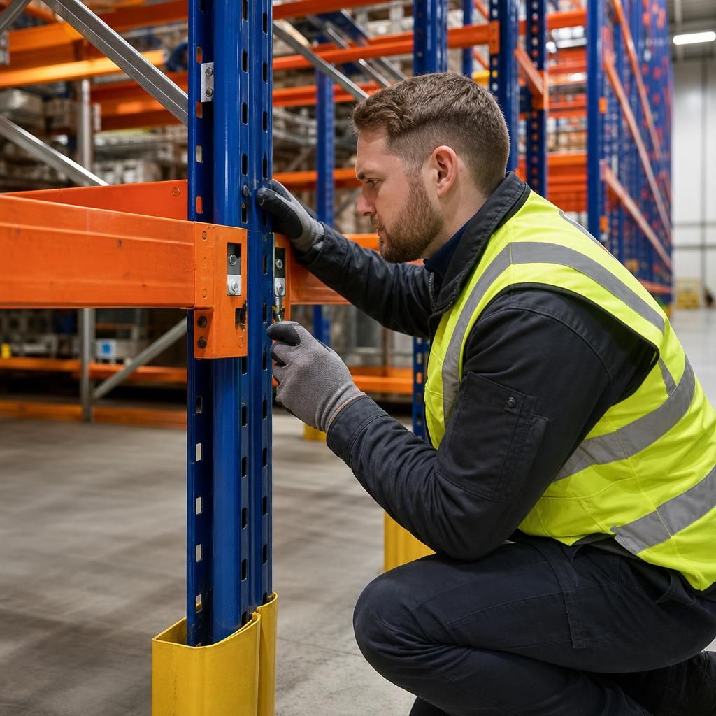 Technician performing preventative maintenance on warehouse racking