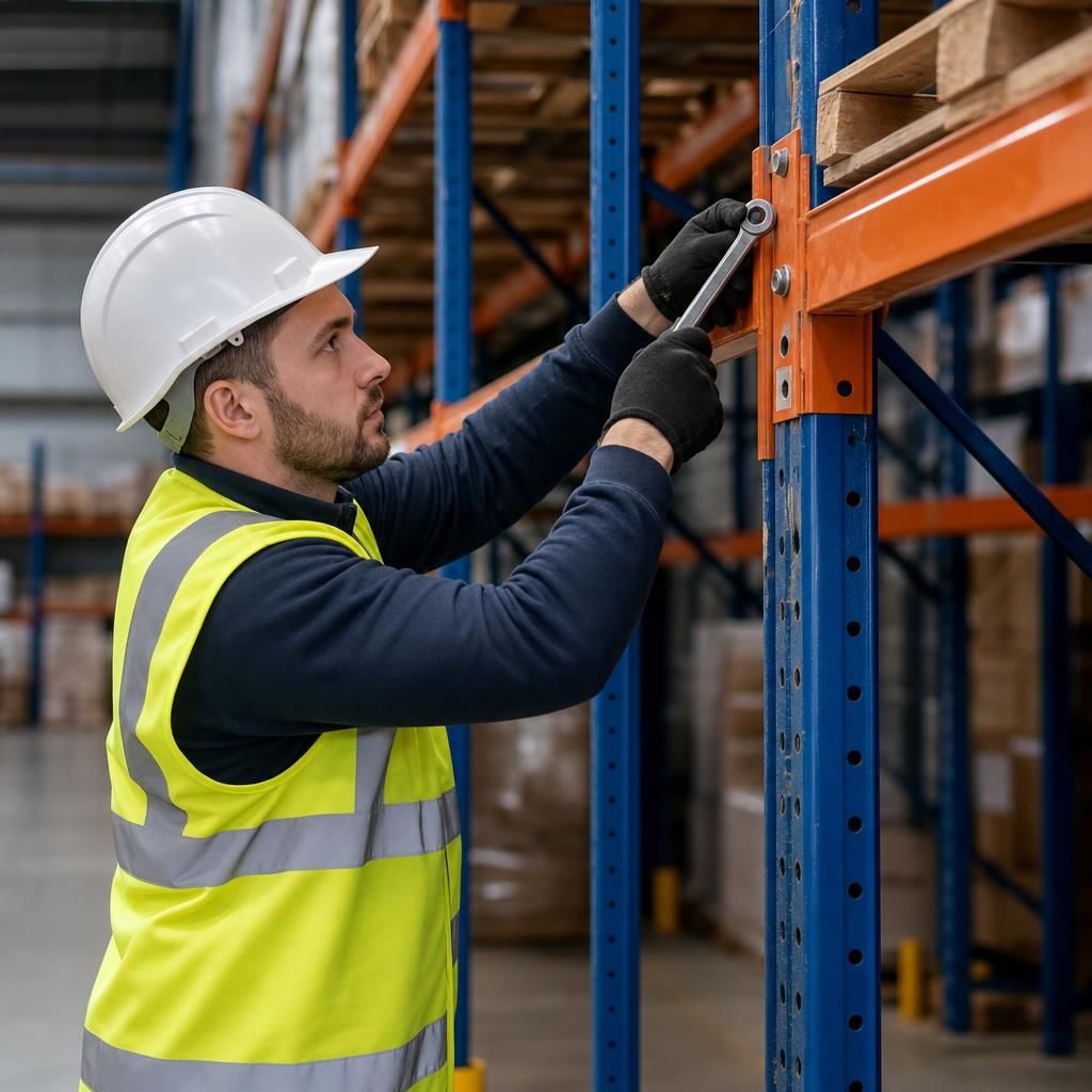 Inspector verifying compliance of warehouse racking
