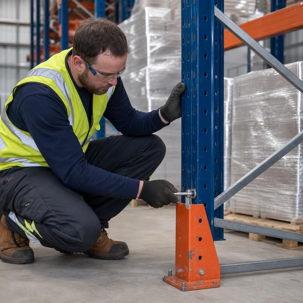 Technician inspecting warehouse rack