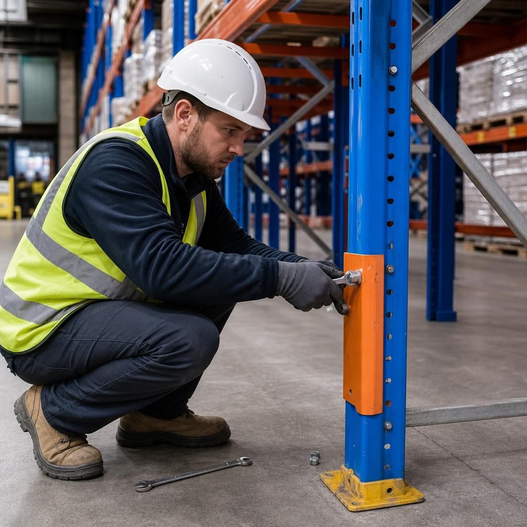 Technician inspecting warehouse racking system