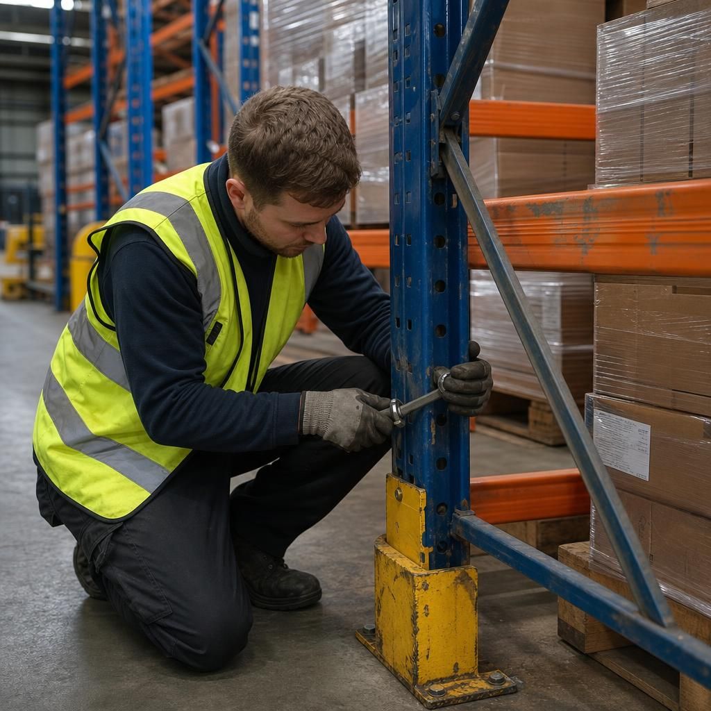 Technician repairing warehouse racking