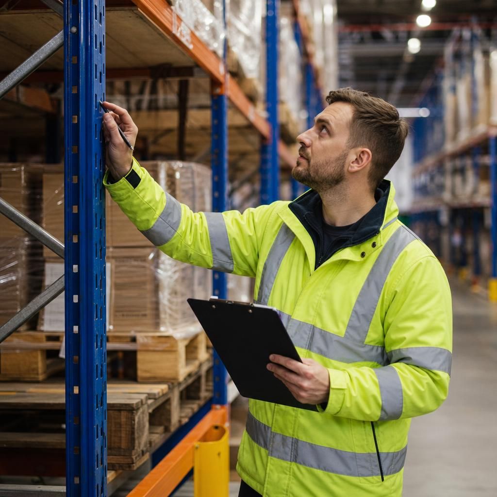 Inspector examining warehouse racking for safety compliance