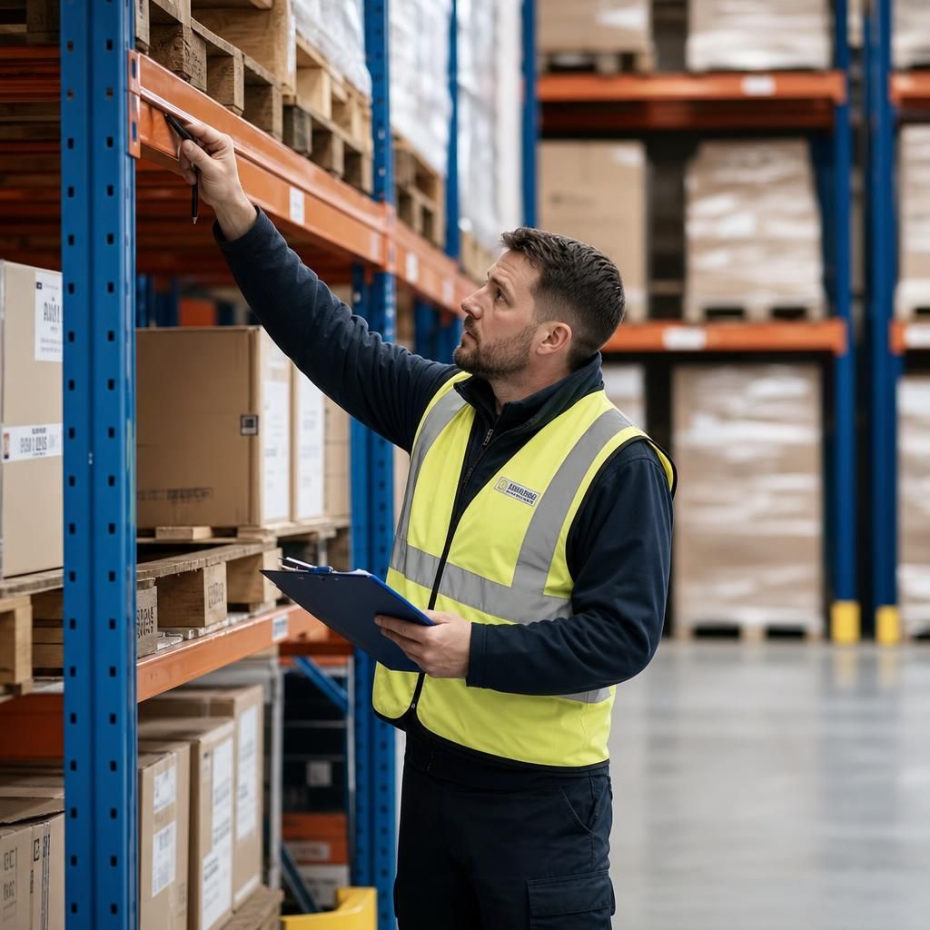 Inspector conducting risk assessment on warehouse floor