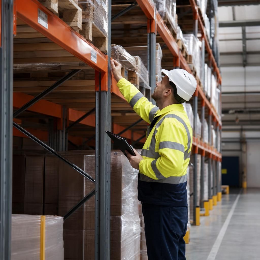 Close-up of a damaged racking beam being inspected