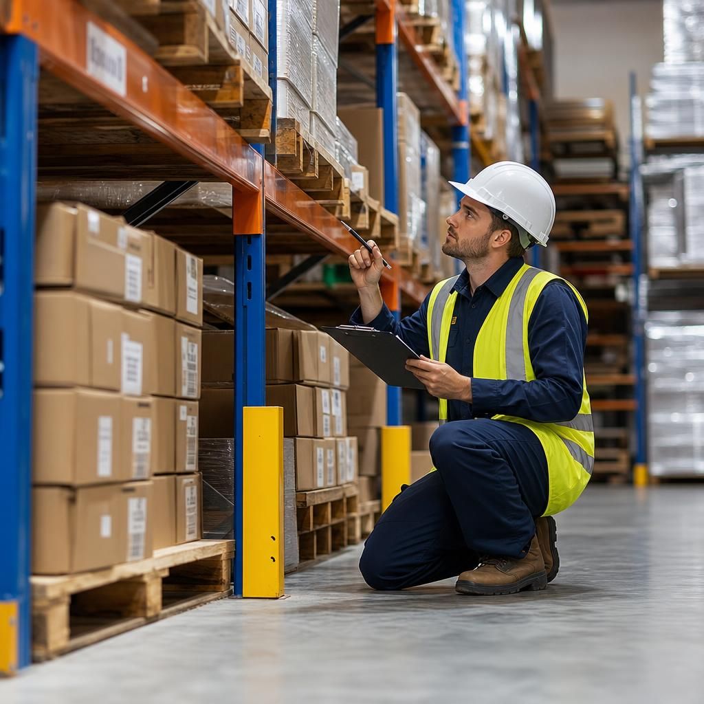 Inspector measuring load capacity on warehouse racking
