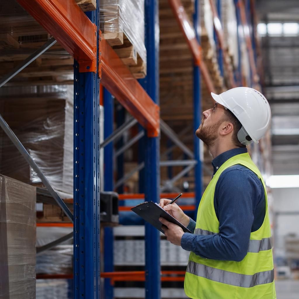 Inspector examining warehouse racking