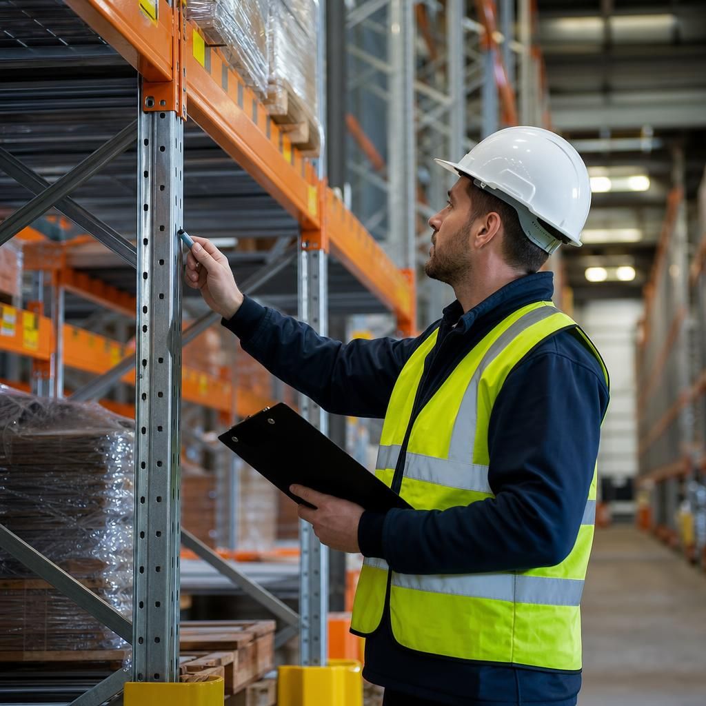 Workers organising warehouse racking