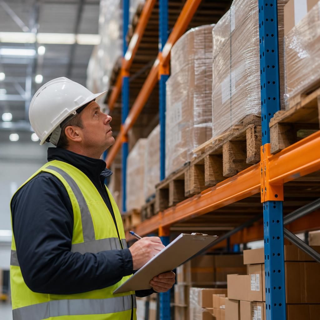 Inspector scrutinising warehouse racking