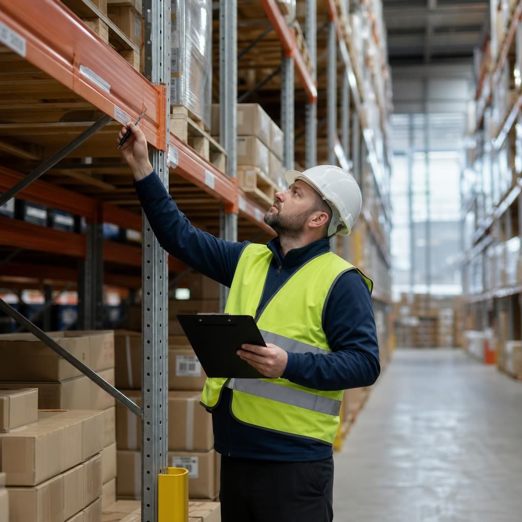 Warehouse racking with safety signage