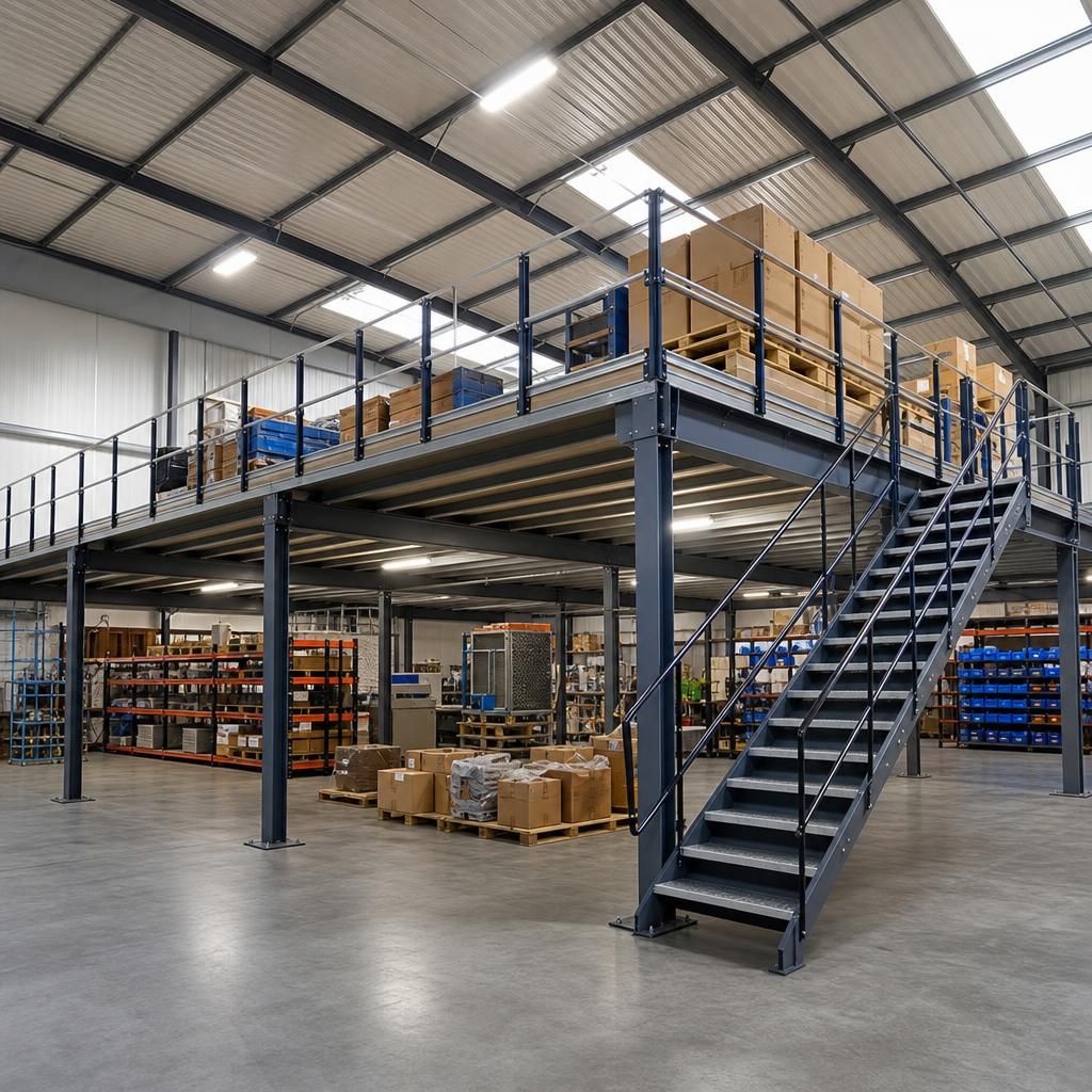 Free-standing mezzanine floor in an industrial warehouse