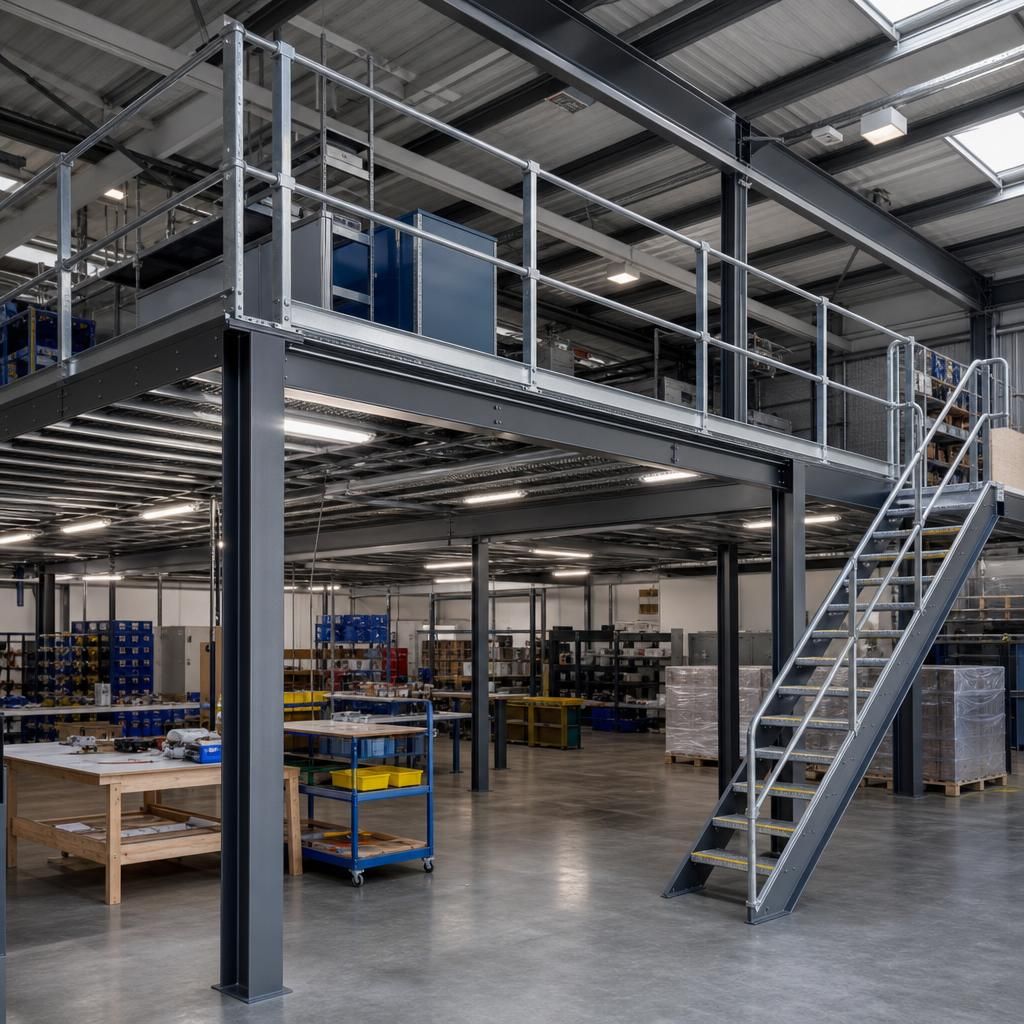 Industrial mezzanine platform with workers